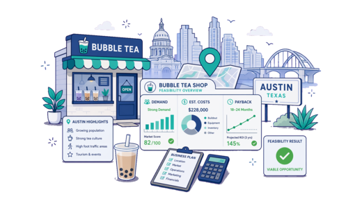Bubble Tea Shop planning illustration for Austin with a map pin and feasibility dashboard