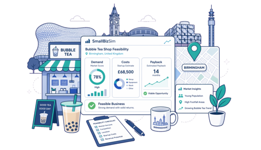 Bubble Tea Shop planning illustration for Birmingham with a map pin and feasibility dashboard
