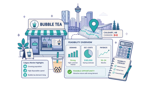 Bubble Tea Shop planning illustration for Calgary with a map pin and feasibility dashboard