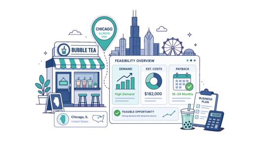 Bubble Tea Shop planning illustration for Chicago with a map pin and feasibility dashboard