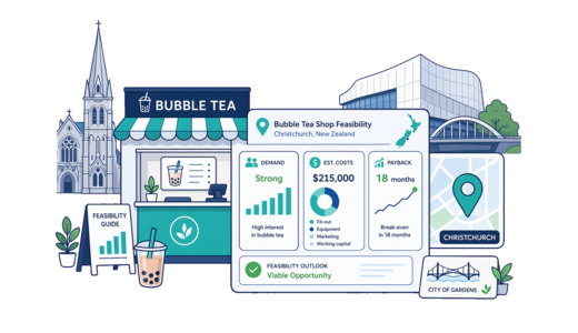 Bubble Tea Shop planning illustration for Christchurch with a map pin and feasibility dashboard