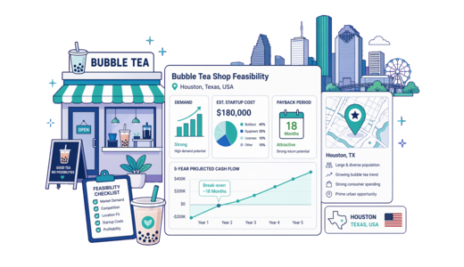 Bubble Tea Shop planning illustration for Houston with a map pin and feasibility dashboard