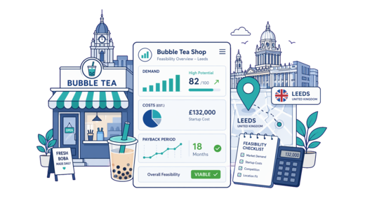 Bubble Tea Shop planning illustration for Leeds with a map pin and feasibility dashboard