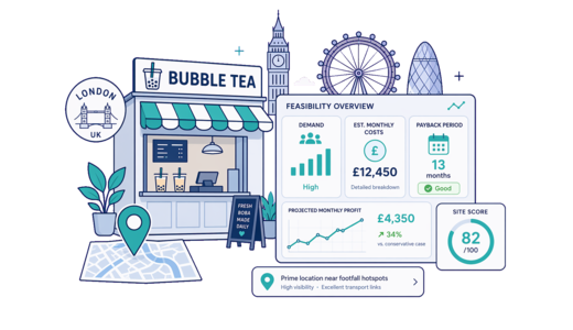 Bubble Tea Shop planning illustration for London with a map pin and feasibility dashboard