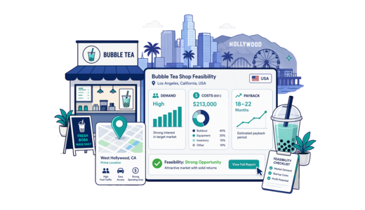 Bubble Tea Shop planning illustration for Los Angeles with a map pin and feasibility dashboard