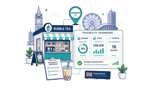 Bubble Tea Shop planning illustration for Manchester with a map pin and feasibility dashboard