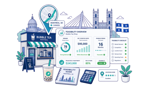 Bubble Tea Shop planning illustration for Montreal with a map pin and feasibility dashboard