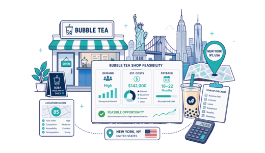 Bubble Tea Shop planning illustration for New York with a map pin and feasibility dashboard