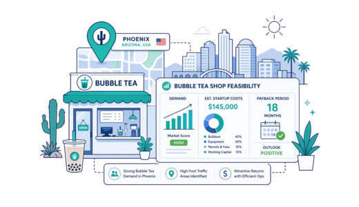 Bubble Tea Shop planning illustration for Phoenix with a map pin and feasibility dashboard