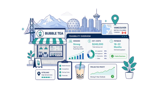 Bubble Tea Shop planning illustration for Vancouver with a map pin and feasibility dashboard