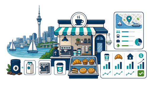Café / Coffee Shop planning illustration for Auckland with a map pin and feasibility dashboard