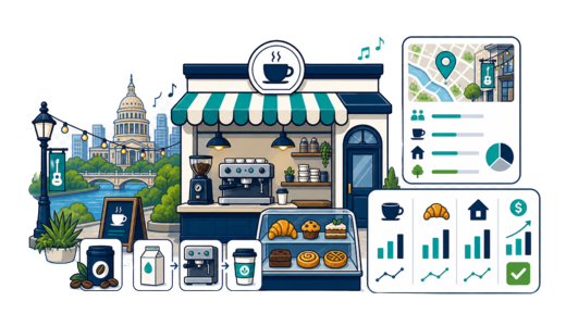 Café / Coffee Shop planning illustration for Austin with a map pin and feasibility dashboard
