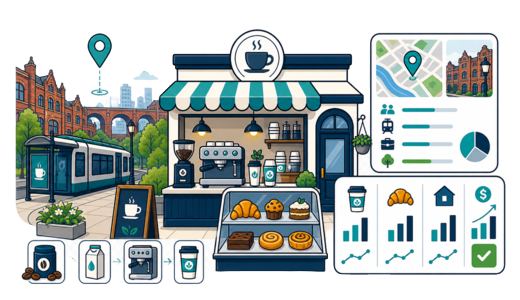 Café / Coffee Shop planning illustration for Birmingham with a map pin and feasibility dashboard