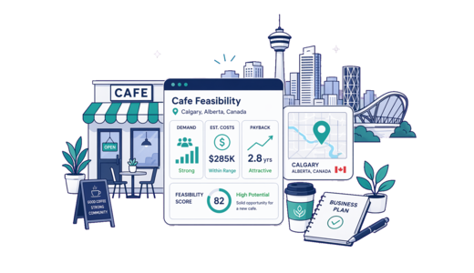 Café / Coffee Shop planning illustration for Calgary with a map pin and feasibility dashboard