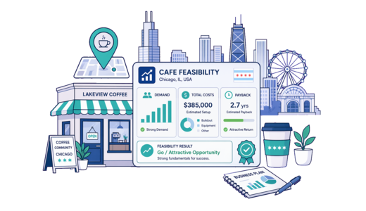 Café / Coffee Shop planning illustration for Chicago with a map pin and feasibility dashboard