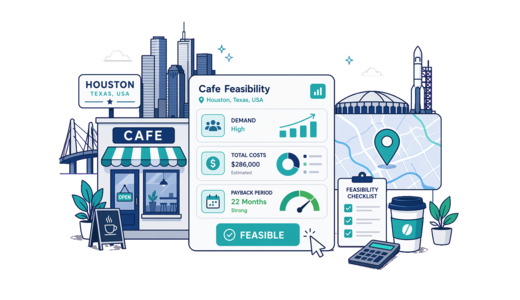 Café / Coffee Shop planning illustration for Houston with a map pin and feasibility dashboard
