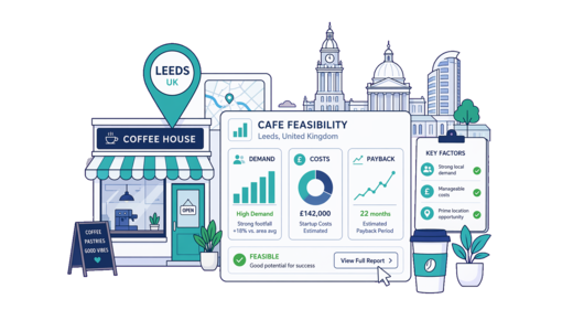 Café / Coffee Shop planning illustration for Leeds with a map pin and feasibility dashboard