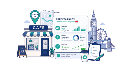 Café / Coffee Shop planning illustration for London with a map pin and feasibility dashboard