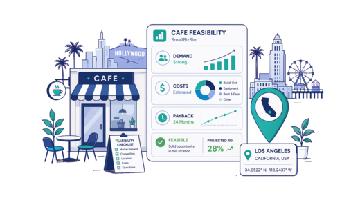 Café / Coffee Shop planning illustration for Los Angeles with a map pin and feasibility dashboard