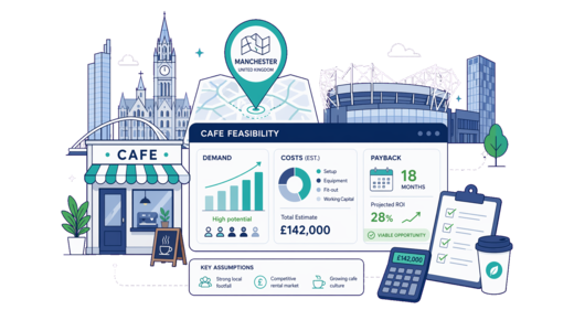Café / Coffee Shop planning illustration for Manchester with a map pin and feasibility dashboard