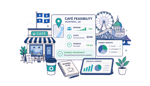 Café / Coffee Shop planning illustration for Montreal with a map pin and feasibility dashboard