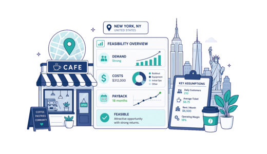 Café / Coffee Shop planning illustration for New York with a map pin and feasibility dashboard