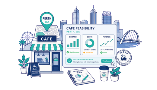 Café / Coffee Shop planning illustration for Perth with a map pin and feasibility dashboard