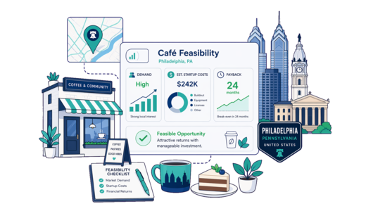 Café / Coffee Shop planning illustration for Philadelphia with a map pin and feasibility dashboard