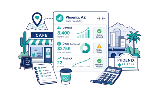 Café / Coffee Shop planning illustration for Phoenix with a map pin and feasibility dashboard