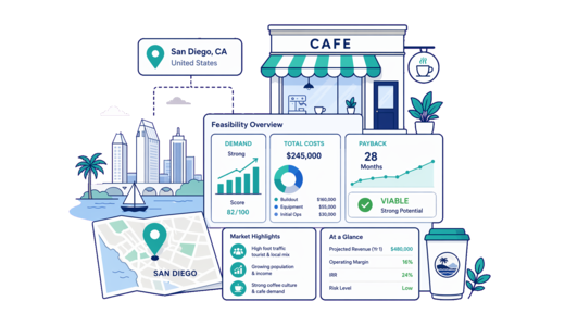 Café / Coffee Shop planning illustration for San Diego with a map pin and feasibility dashboard