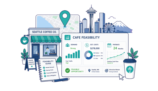 Café / Coffee Shop planning illustration for Seattle with a map pin and feasibility dashboard