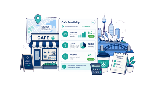 Café / Coffee Shop planning illustration for Sydney with a map pin and feasibility dashboard