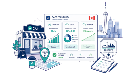 Café / Coffee Shop planning illustration for Toronto with a map pin and feasibility dashboard