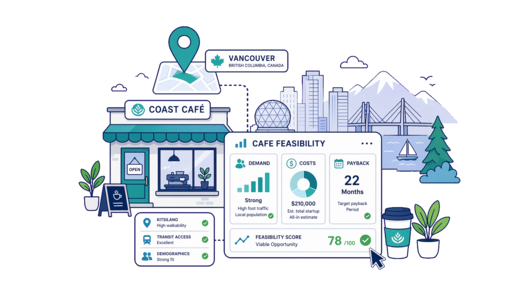Café / Coffee Shop planning illustration for Vancouver with a map pin and feasibility dashboard