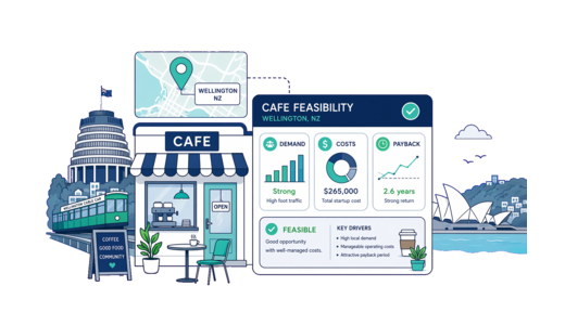 Café / Coffee Shop planning illustration for Wellington with a map pin and feasibility dashboard