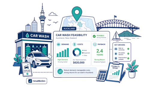 Car Wash planning illustration for Auckland with a map pin and feasibility dashboard