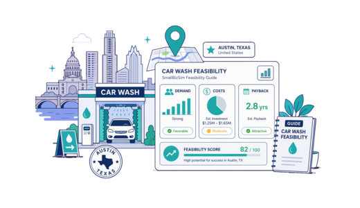 Car Wash planning illustration for Austin with a map pin and feasibility dashboard