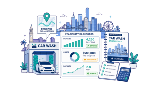 Car Wash planning illustration for Brisbane with a map pin and feasibility dashboard