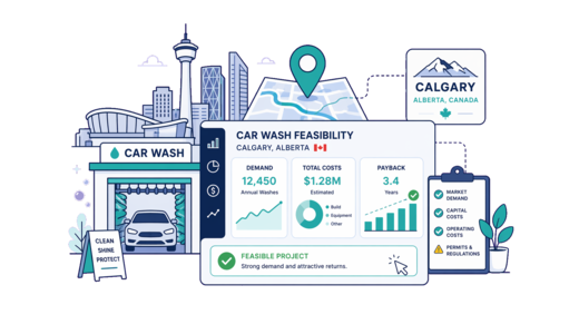Car Wash planning illustration for Calgary with a map pin and feasibility dashboard