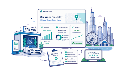 Car Wash planning illustration for Chicago with a map pin and feasibility dashboard