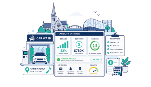Car Wash planning illustration for Christchurch with a map pin and feasibility dashboard