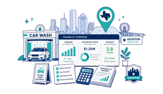 Car Wash planning illustration for Houston with a map pin and feasibility dashboard