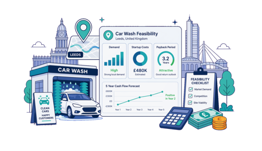 Car Wash planning illustration for Leeds with a map pin and feasibility dashboard