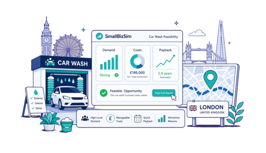Car Wash planning illustration for London with a map pin and feasibility dashboard