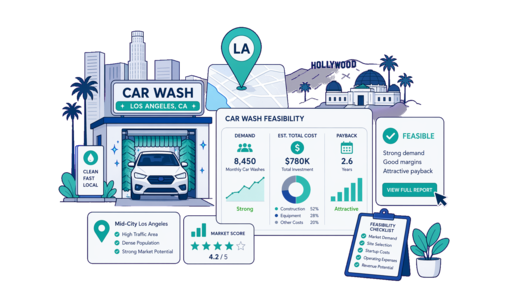 Car Wash planning illustration for Los Angeles with a map pin and feasibility dashboard