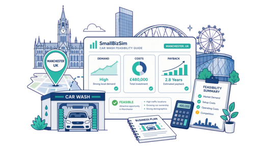 Car Wash planning illustration for Manchester with a map pin and feasibility dashboard