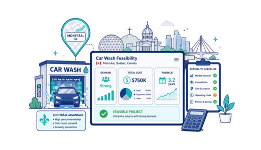 Car Wash planning illustration for Montreal with a map pin and feasibility dashboard