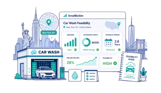 Car Wash planning illustration for New York with a map pin and feasibility dashboard