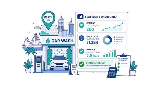 Car Wash planning illustration for Perth with a map pin and feasibility dashboard