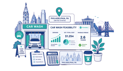 Car Wash planning illustration for Philadelphia with a map pin and feasibility dashboard
